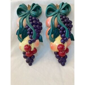 Home Interiors Vintage MCM Wall Decor Fruit Grapes Cherries Bow Set 2